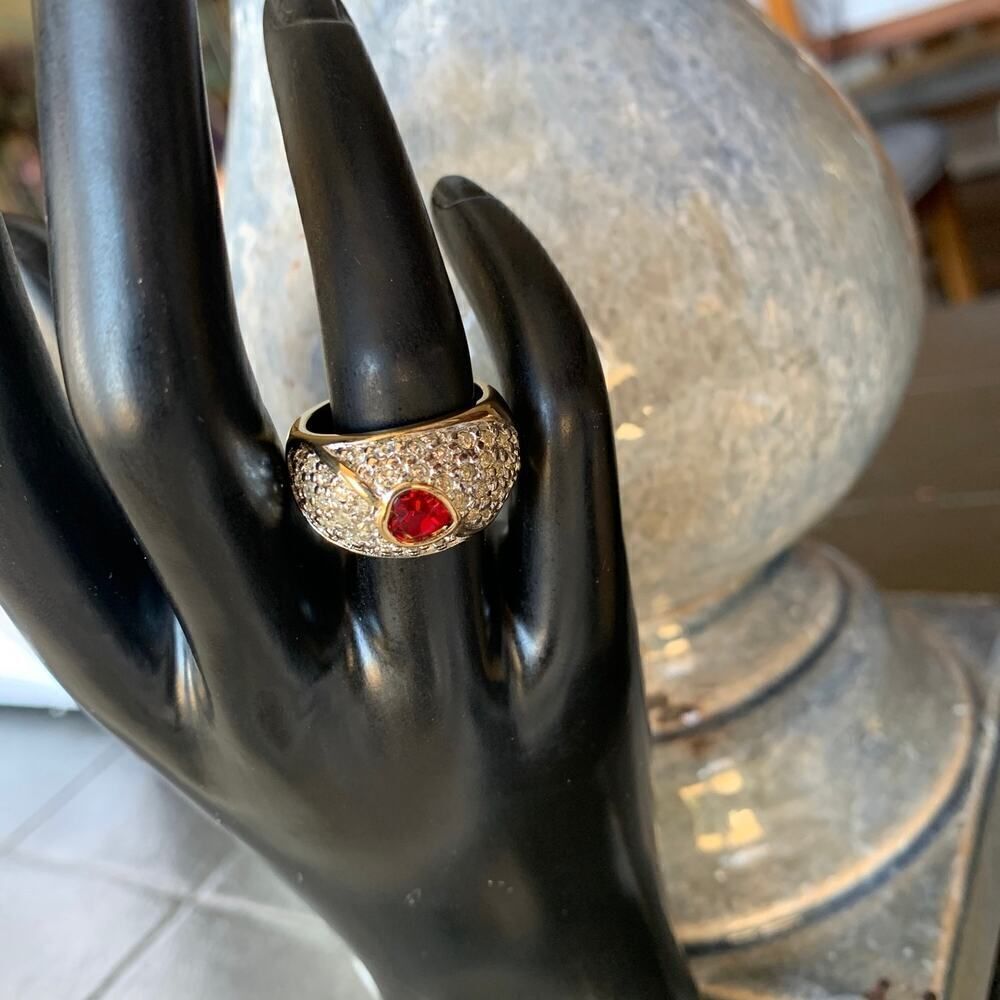 Shimmering Pave CZ and Red Garnet Heart Dome Ring, Unsigned, Mint